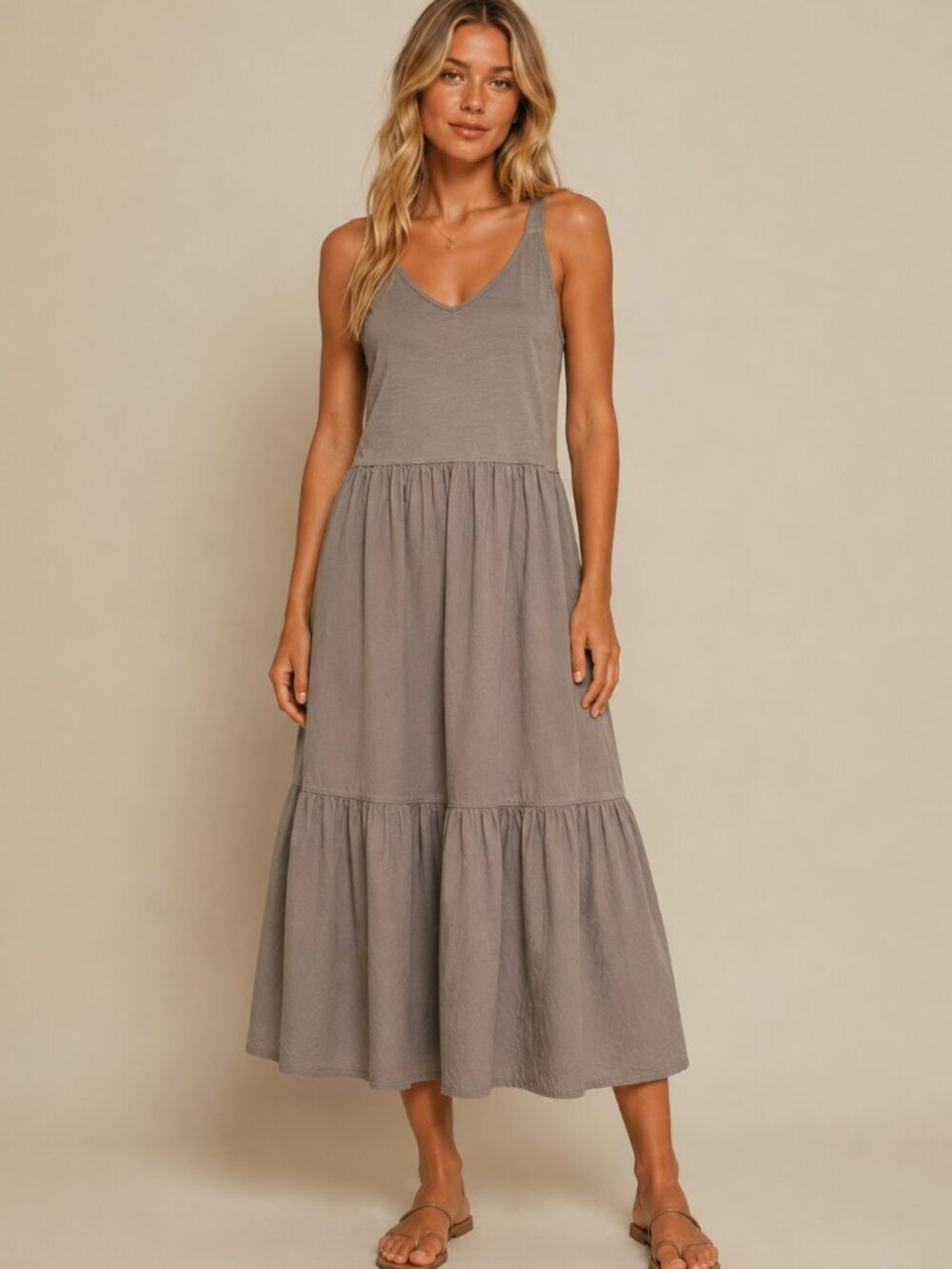 Nation LTD Women's Taupe Cotton Tiered Midi Dress Size Small 54888